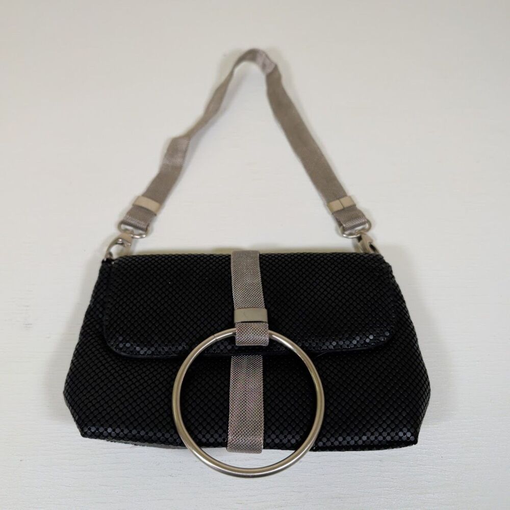 Whiting & Davis Vintage Black Metal Mesh Bag Statement Silver Ring Shoulder